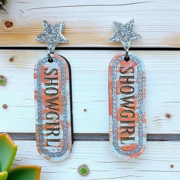 Pre-order Hand-Painted Showgirl Inspired Marquee Statement Wood Earrings - Picture 4 of 6